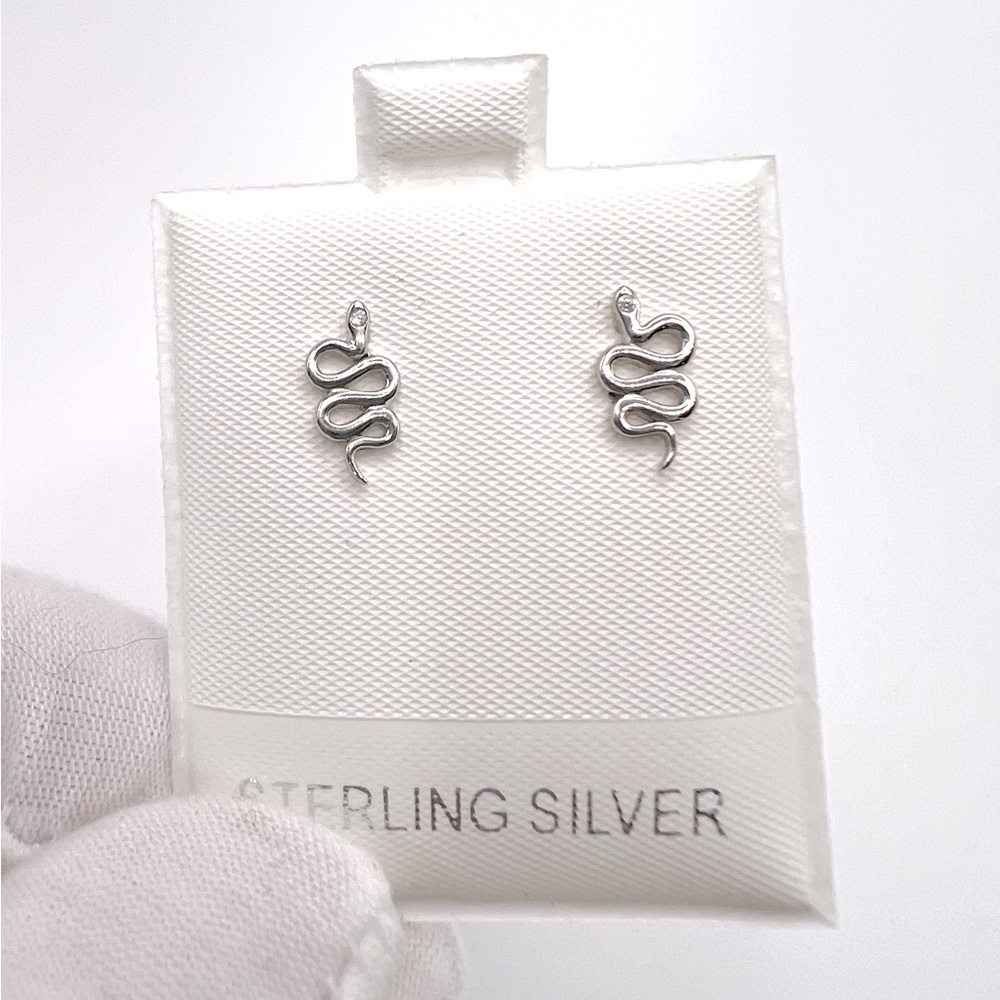 .925 Sterling Silver Snake Earrings with Cz Accent - Picture 7 of 14